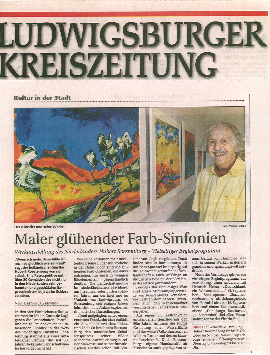 Hubert Roestenburg German Expressionist painter. Review in Ludwigsburger Kreiszeitung